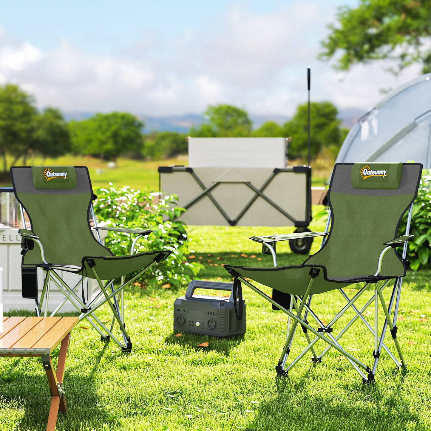 Set of 2 Reclining Camping Chairs, Olive Green and Grey