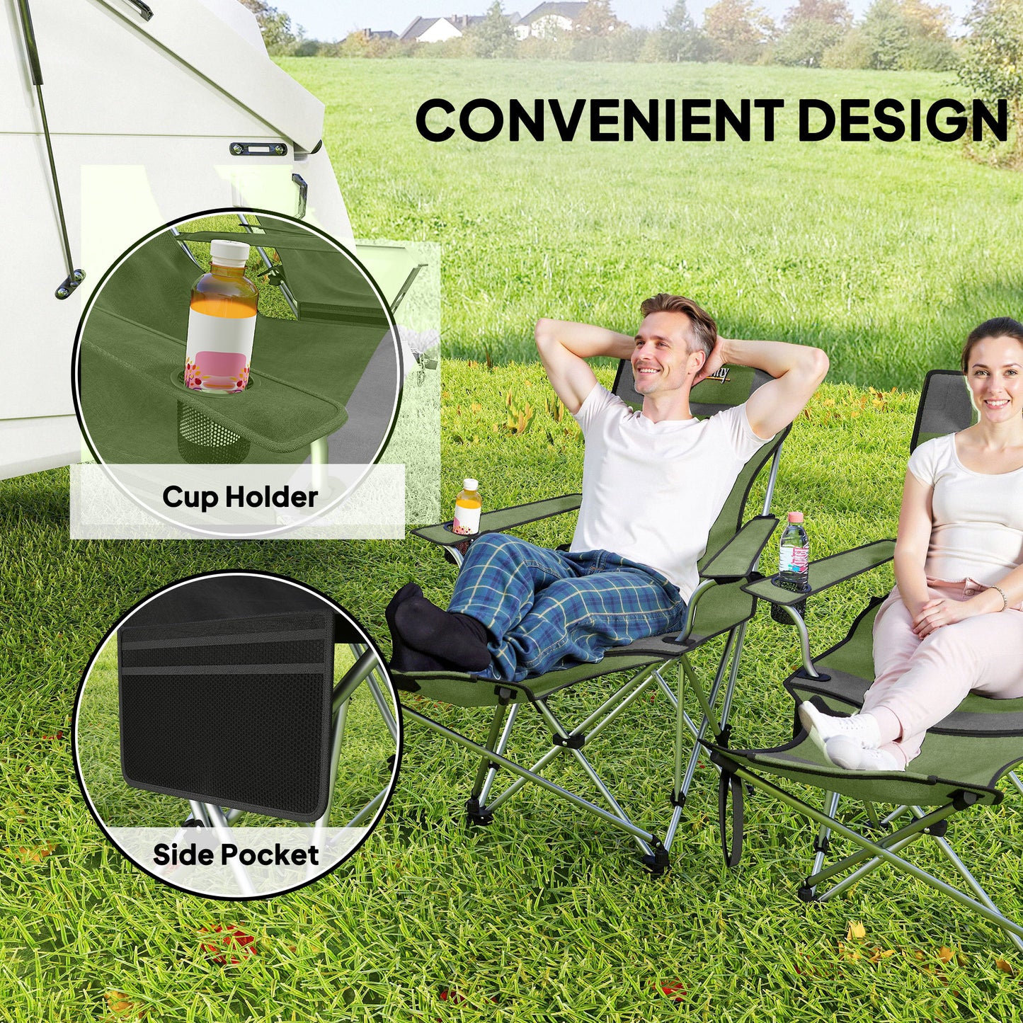 Set of 2 Reclining Camping Chairs, Olive Green and Grey