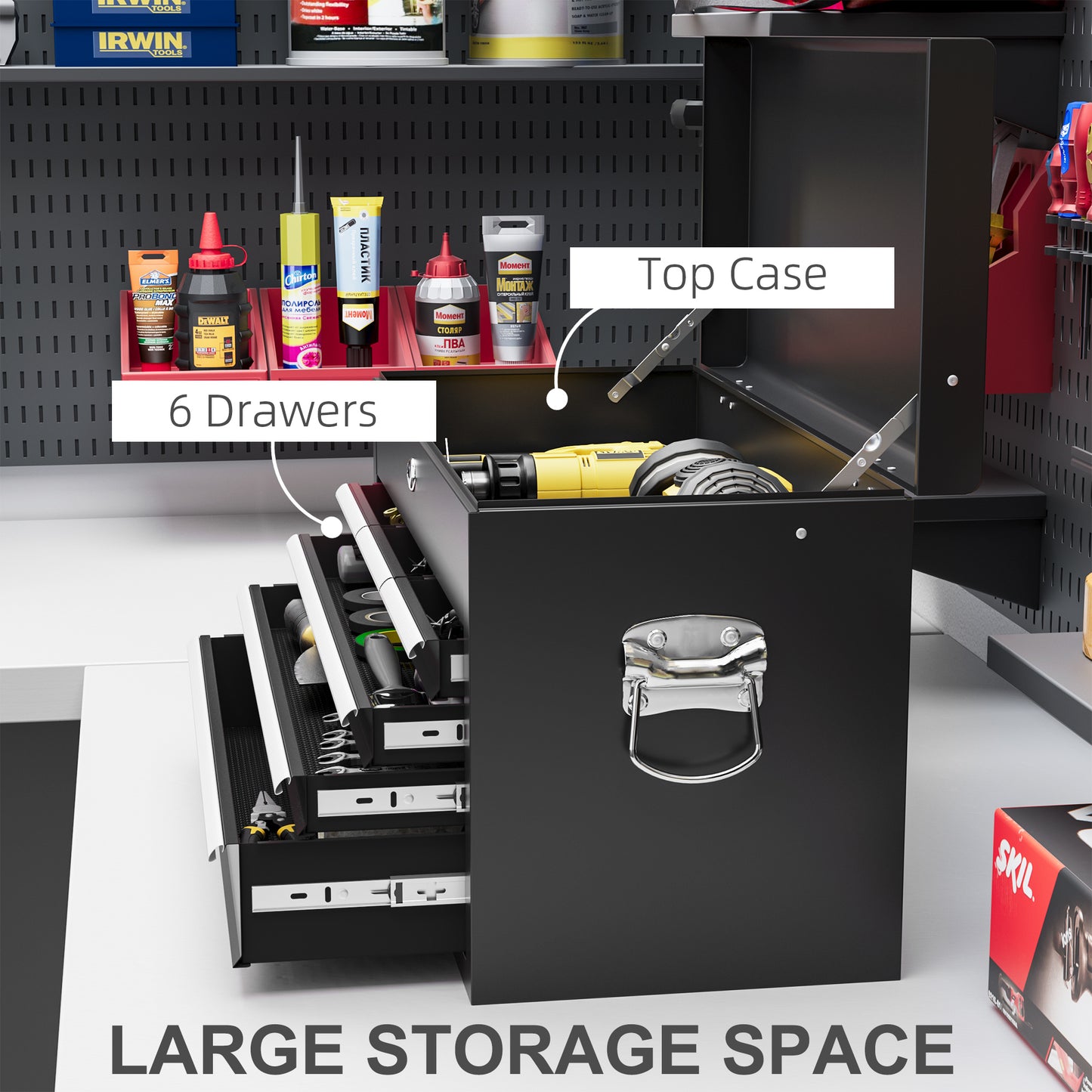 Lockable Metal Tool Chest w/ 6 Drawer, Ball Bearing Runners, Black