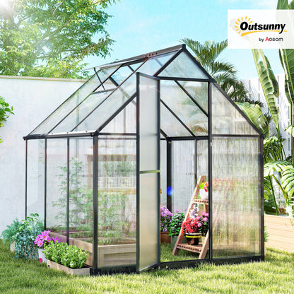 5.5 x 6ft Polycarbonate Greenhouse with Swing Door and Adjustable Window, Walk-in Greenhouse with Rain Gutter, Aluminium Garden Green House for Patio Garden Backyard, Black