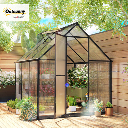5.5 x 6ft Polycarbonate Greenhouse with Swing Door and Adjustable Window, Walk-in Greenhouse with Rain Gutter, Aluminium Garden Green House for Patio Garden Backyard, Black