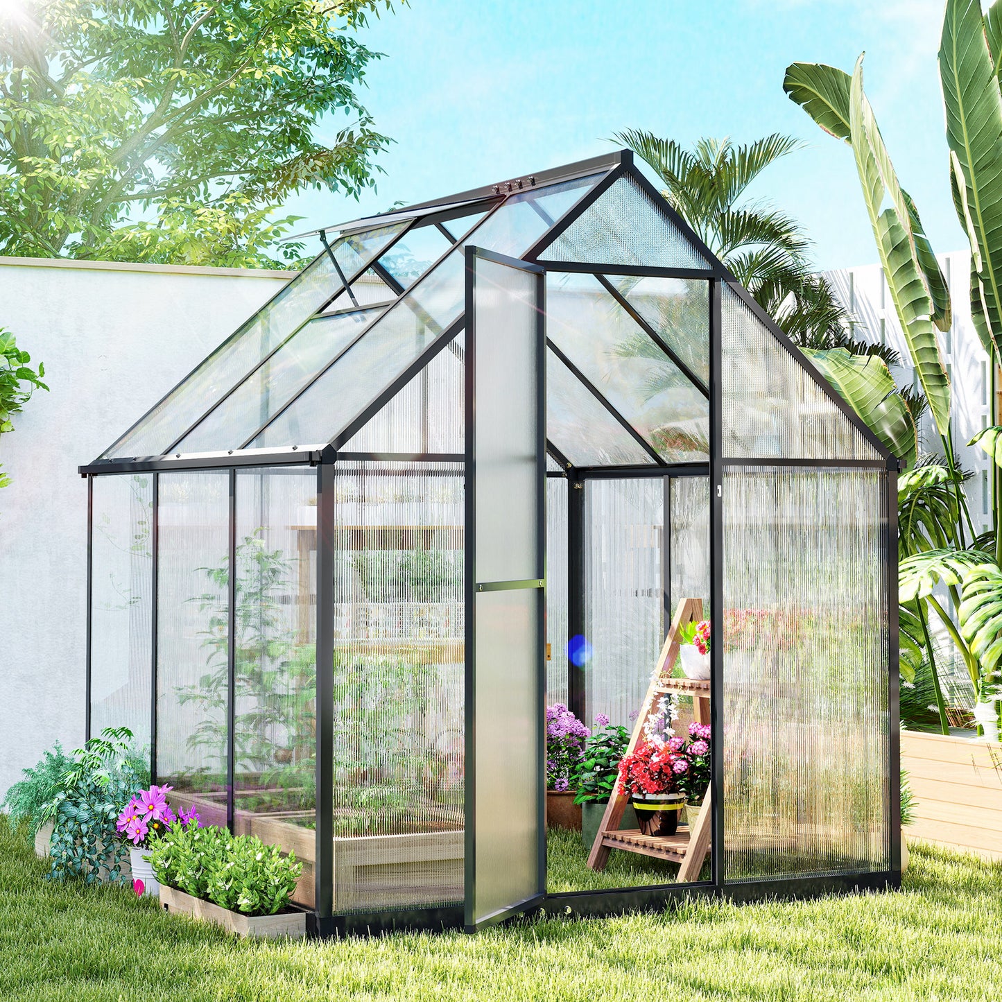 Polycarbonate Greenhouse Garden Green House with Rain Gutter, Black