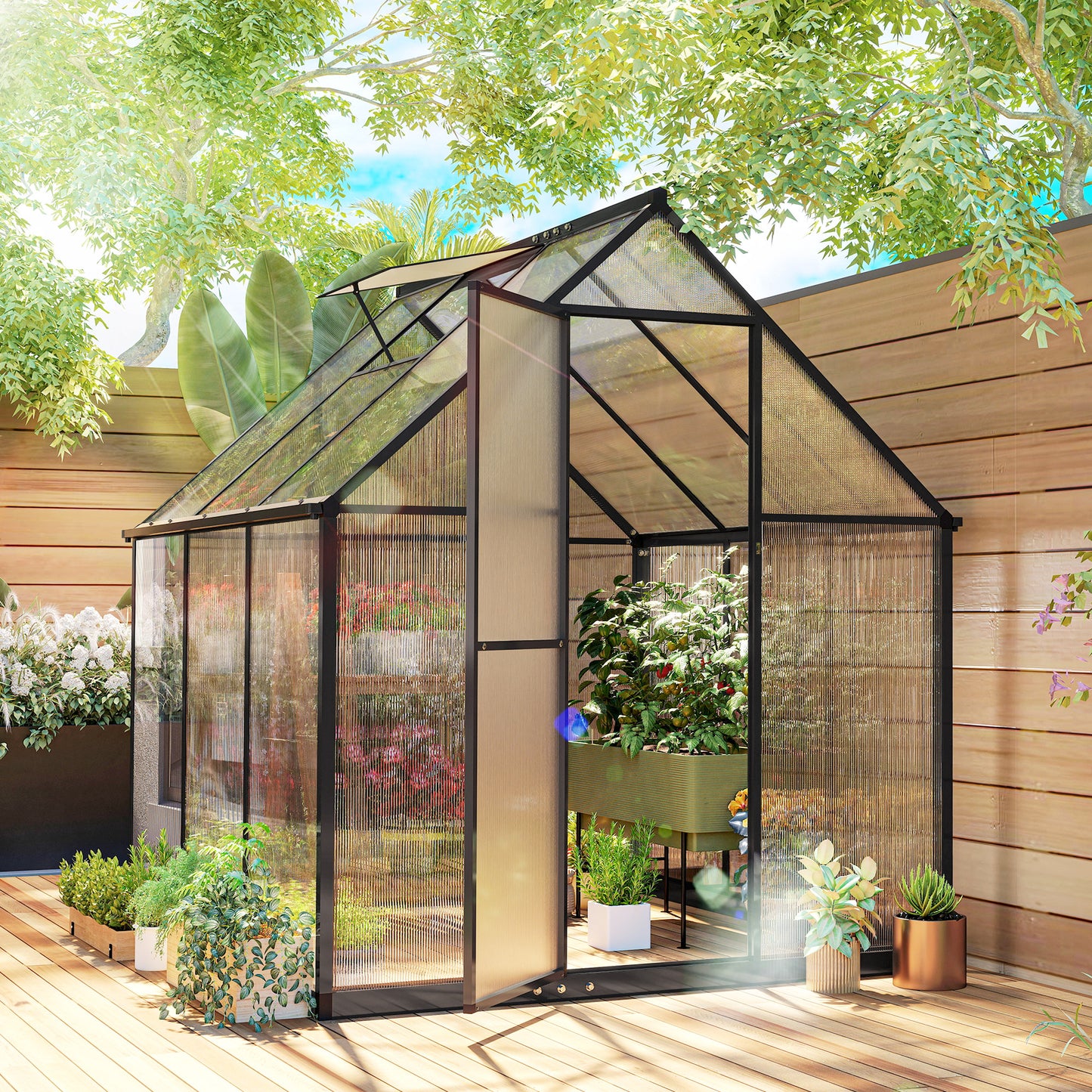 5.5 x 6ft Polycarbonate Greenhouse with Swing Door and Adjustable Window, Walk-in Greenhouse with Rain Gutter, Aluminium Garden Green House for Patio Garden Backyard, Black