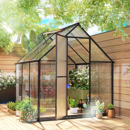 5.5 x 6ft Polycarbonate Greenhouse with Swing Door and Adjustable Window, Walk-in Greenhouse with Rain Gutter, Aluminium Garden Green House for Patio Garden Backyard, Black