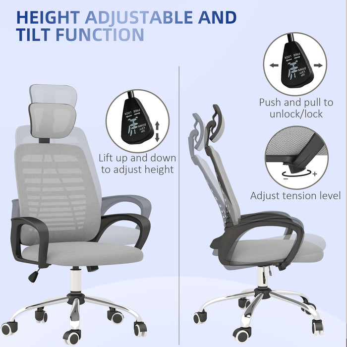 Vinsetto Ergonomic Office Chair, Mesh Desk Chair with Rotatable Headrest, Lumbar Back Support, Armrest, Grey