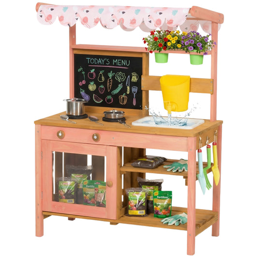 Wooden Kids Mud Kitchen with Canopy, Planter Box, Pink
