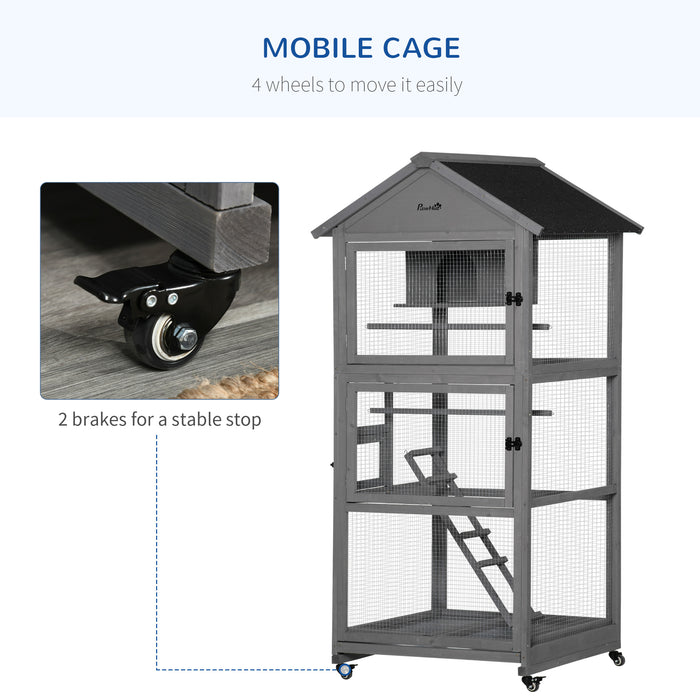 Bird Cage Mobile Wooden Aviary House for Canary Cockatiel Parrot with Wheel Perch Nest Ladder Slide-out Tray 86 x 78 x 180cm Grey