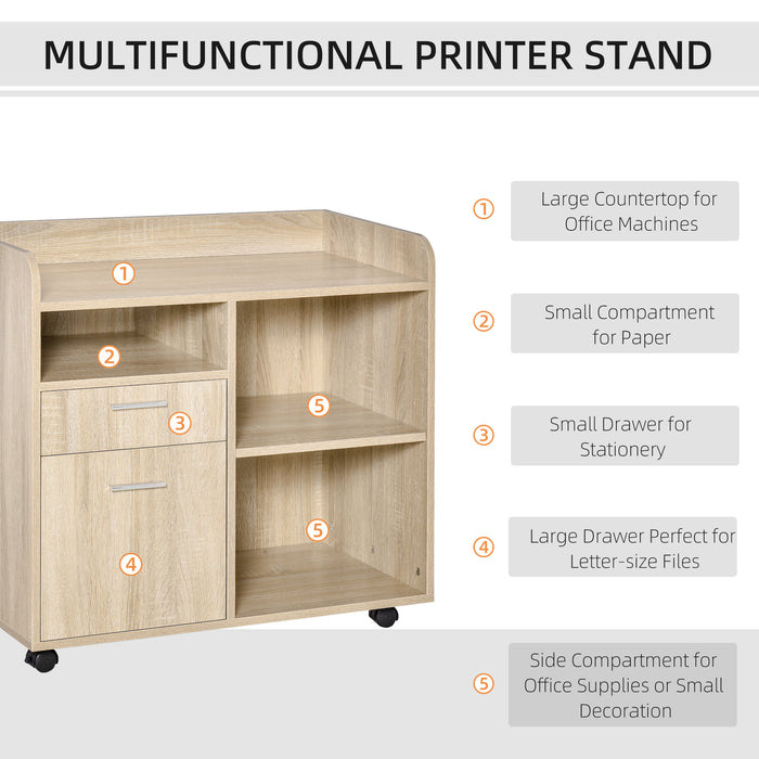 Multipurpose Filing Cabinet Printer Stand Mobile Printer Cabinet with 2 Drawers, Open Adjustable Storage Shelves for Home Office, Oak