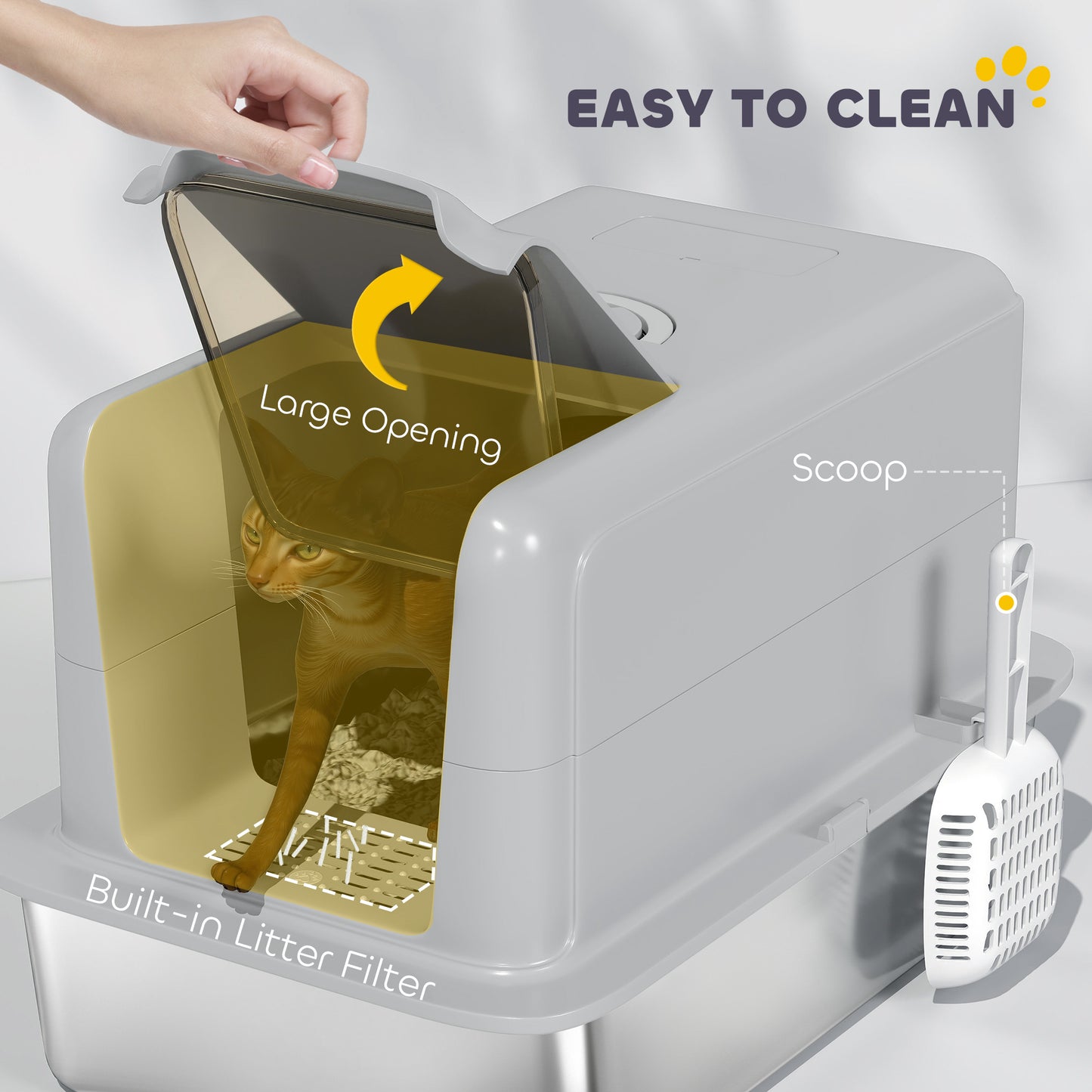 Stainless Steel Cat Litter Box with Removable Lid, Scoop, Grey