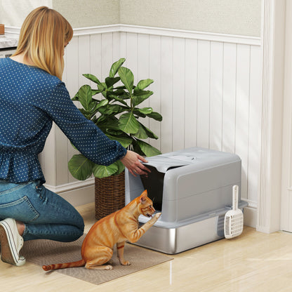 Stainless Steel Cat Litter Box with Removable Lid, Scoop, Grey