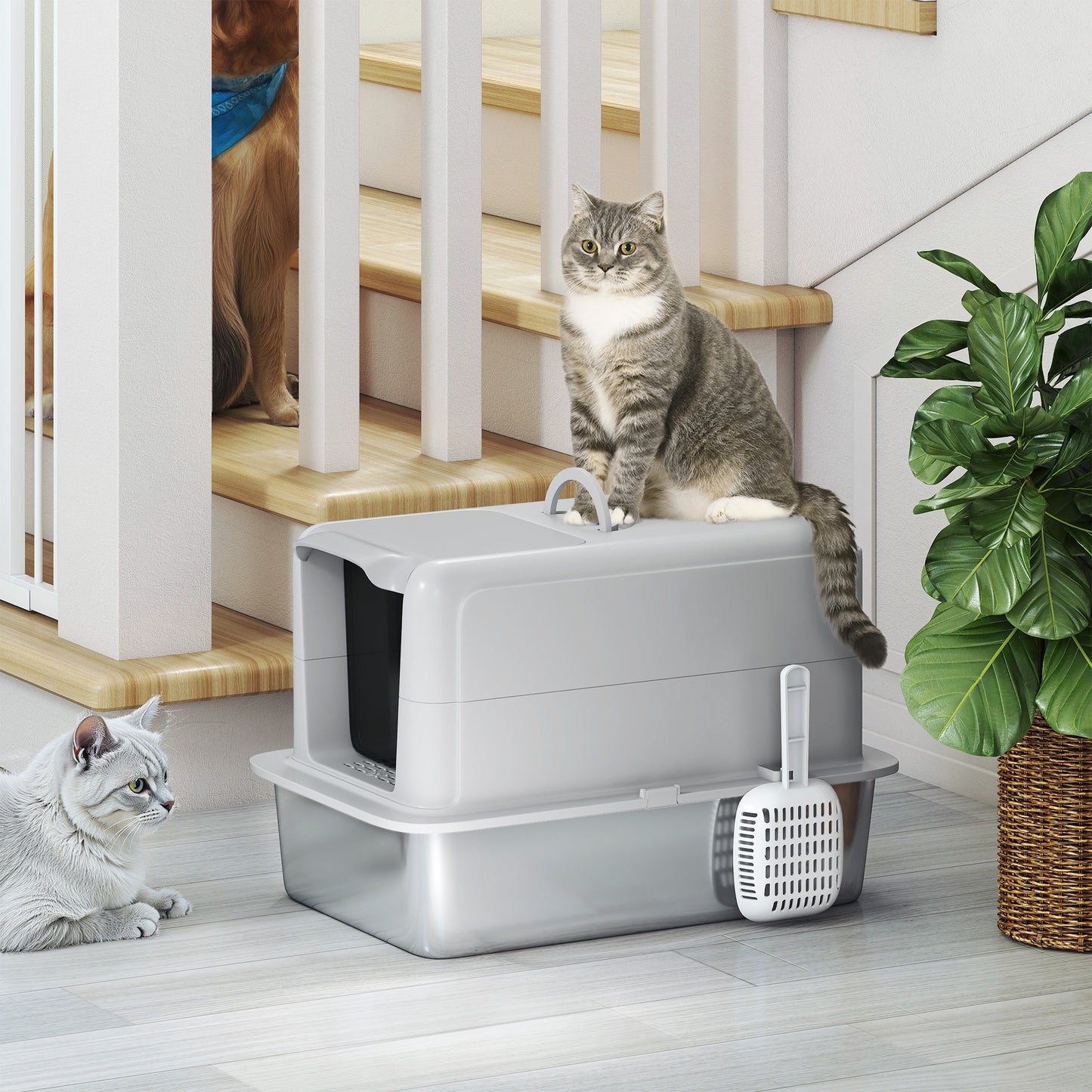 Stainless Steel Cat Litter Box with Removable Lid, Scoop, Grey