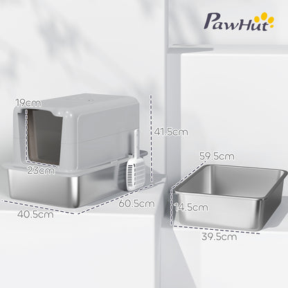 Stainless Steel Cat Litter Box with Removable Lid, Scoop, Grey
