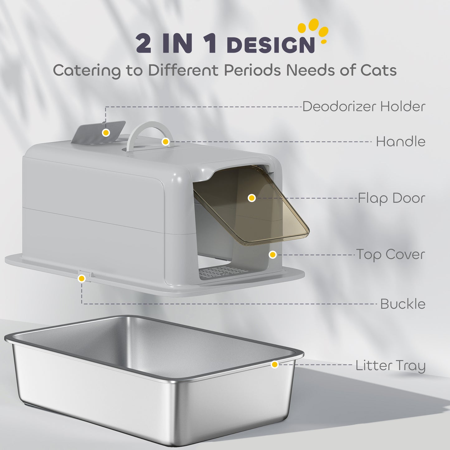 Stainless Steel Cat Litter Box with Removable Lid, Scoop, Grey