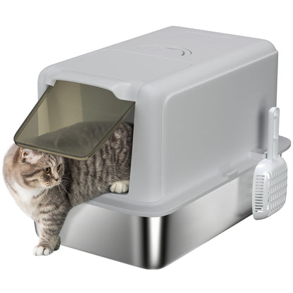 Stainless Steel Cat Litter Box with Removable Lid, Scoop, Grey