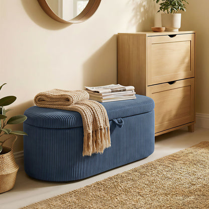 Storage Ottoman, Corduroy Ottoman Storage Box with Padded Seat, Blue