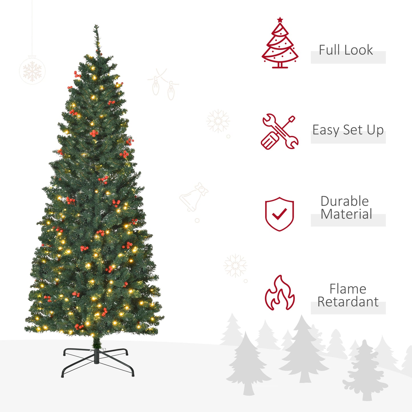 6FT Prelit Pencil Christmas Tree w/ LED Light, Berry, Xmas Decoration