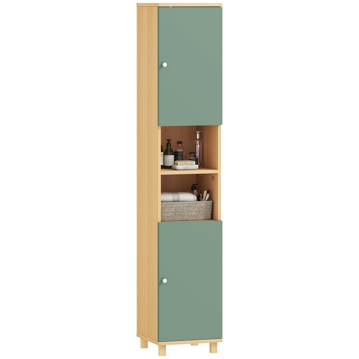 Tall Bathroom Cabinet with Adjustable Shelves and Open Shelves, Green