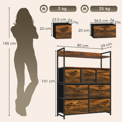 7-Drawer Fabric Chest with 2 Shelves and Steel Frame - Rustic Brown