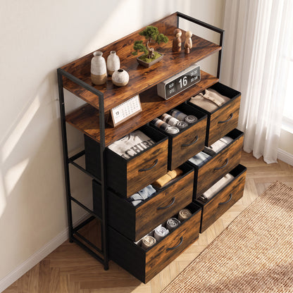 7-Drawer Fabric Chest with 2 Shelves and Steel Frame - Rustic Brown