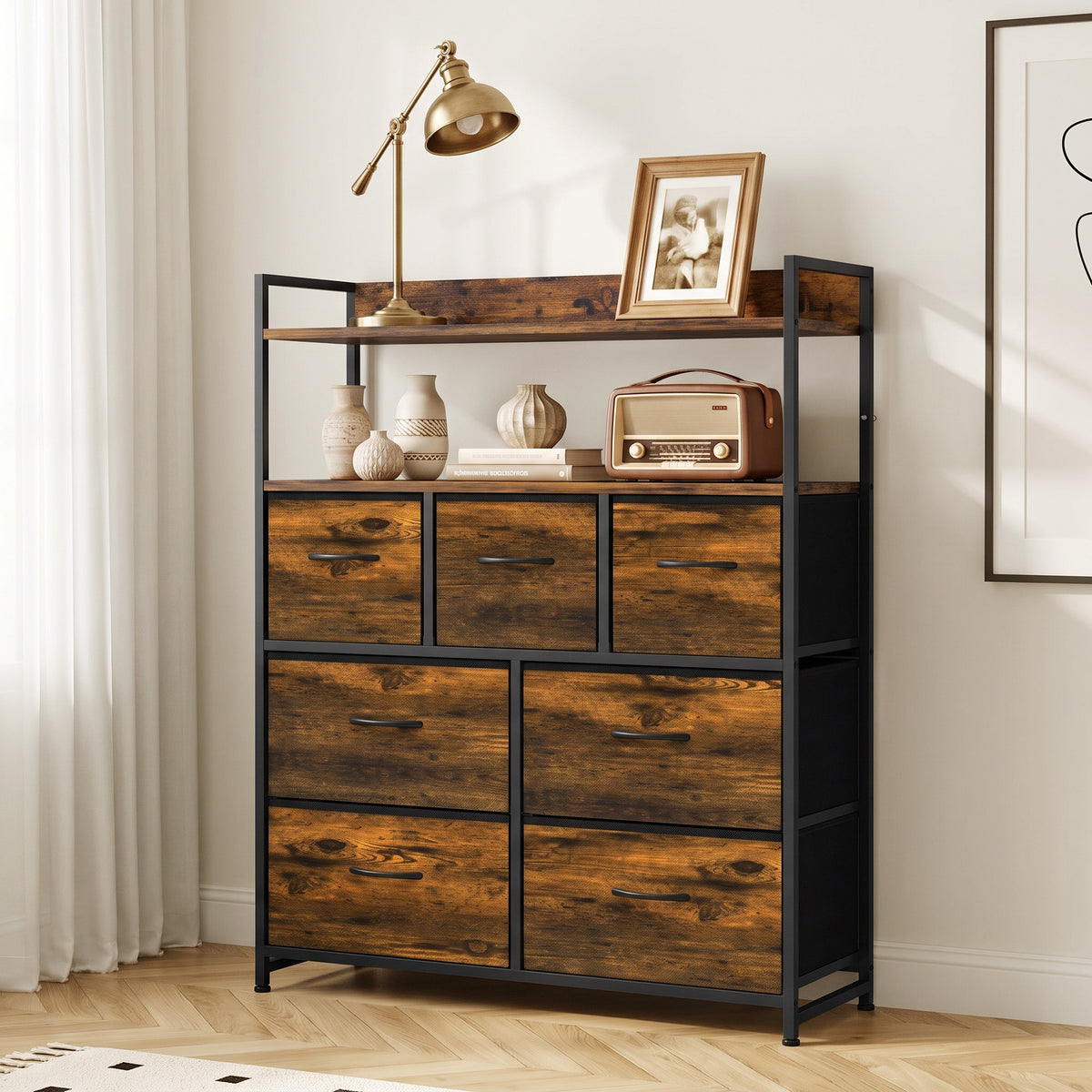7-Drawer Fabric Chest with 2 Shelves and Steel Frame - Rustic Brown