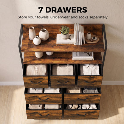 7-Drawer Fabric Chest with 2 Shelves and Steel Frame - Rustic Brown