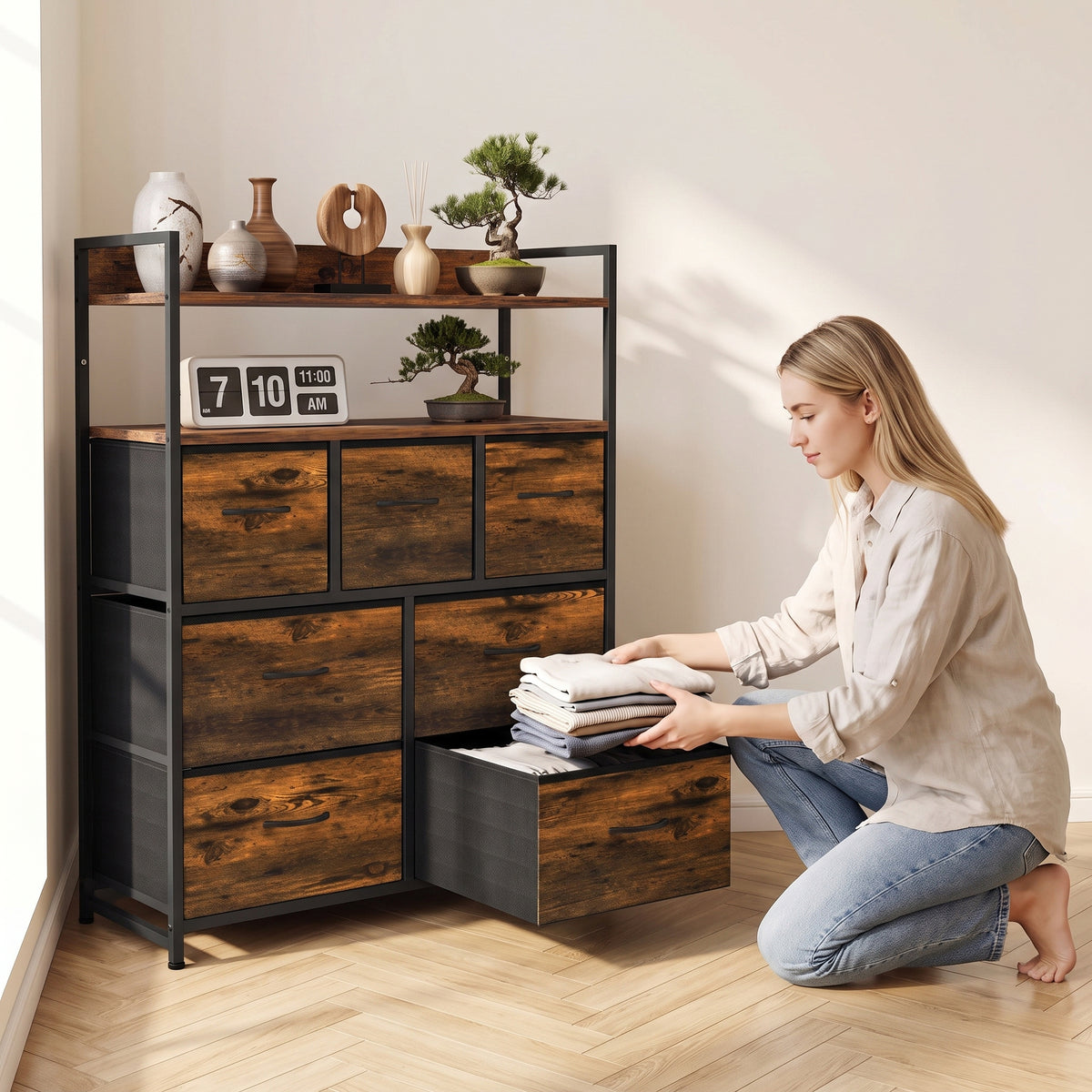 7-Drawer Fabric Chest with 2 Shelves and Steel Frame - Rustic Brown