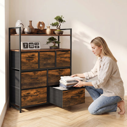 7-Drawer Fabric Chest with 2 Shelves and Steel Frame - Rustic Brown