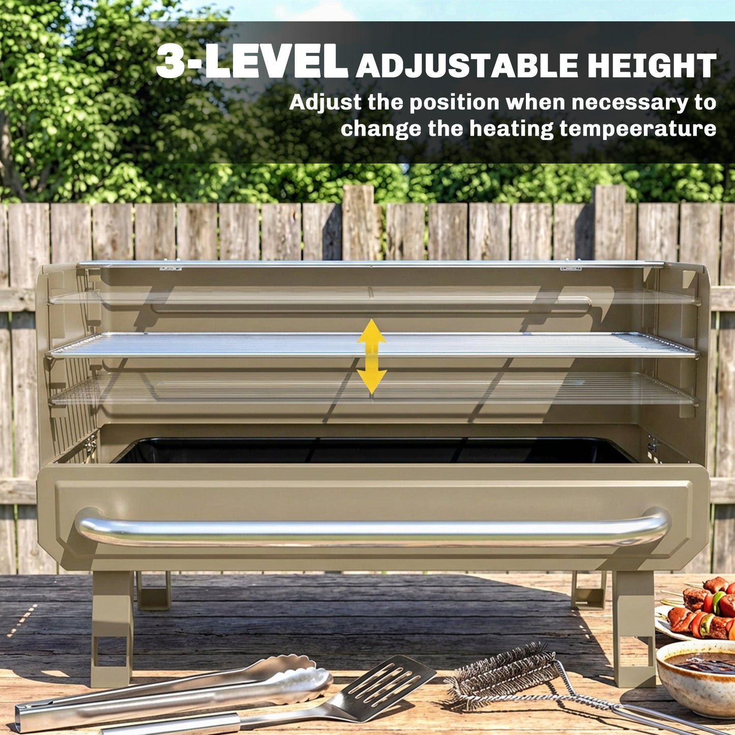 Portable Barbecue Grill with Adjustable Grates for Camping, Khaki