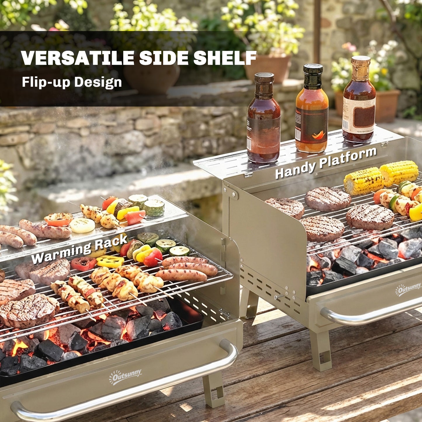Portable Barbecue Grill with Adjustable Grates for Camping, Khaki