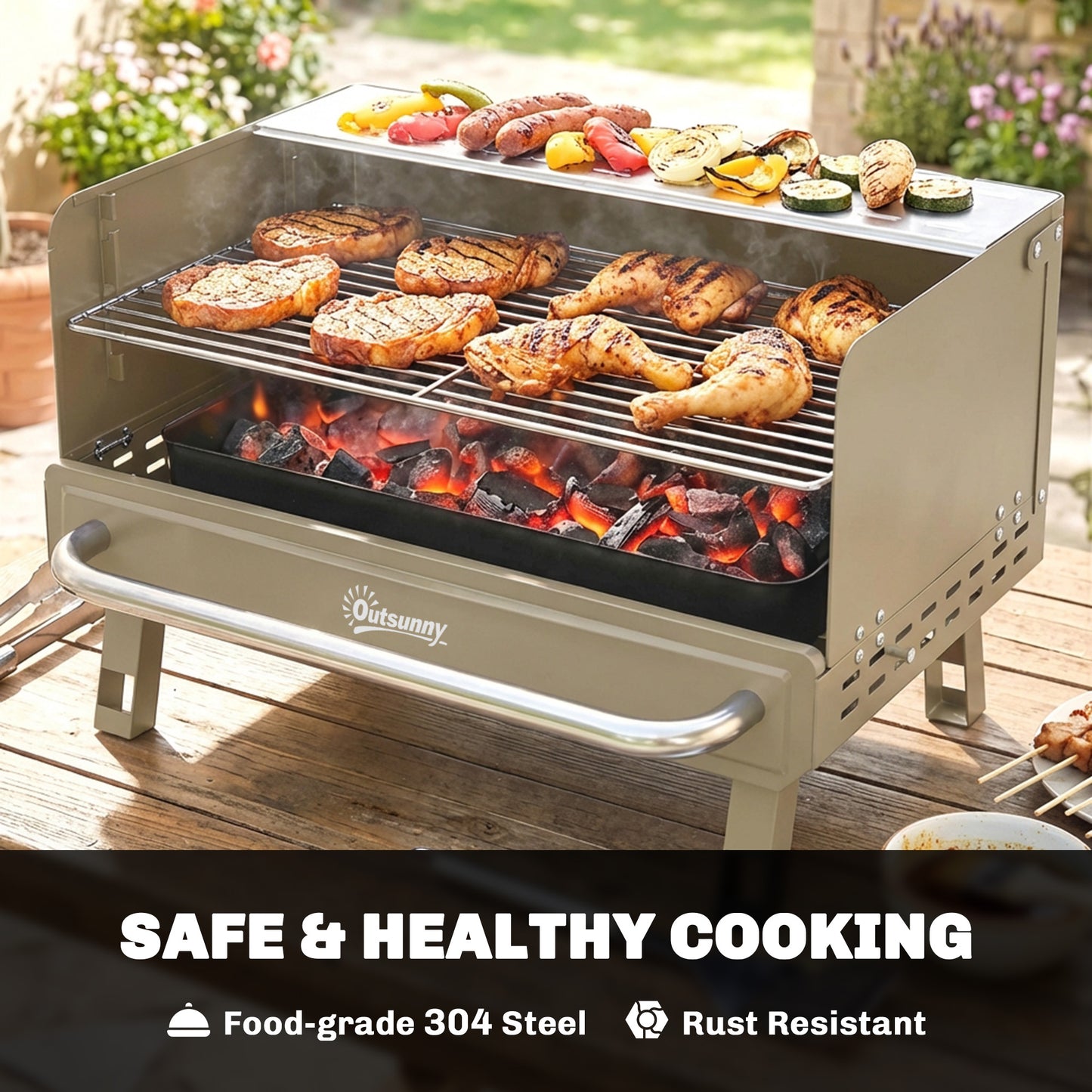 Portable Barbecue Grill with Adjustable Grates for Camping, Khaki