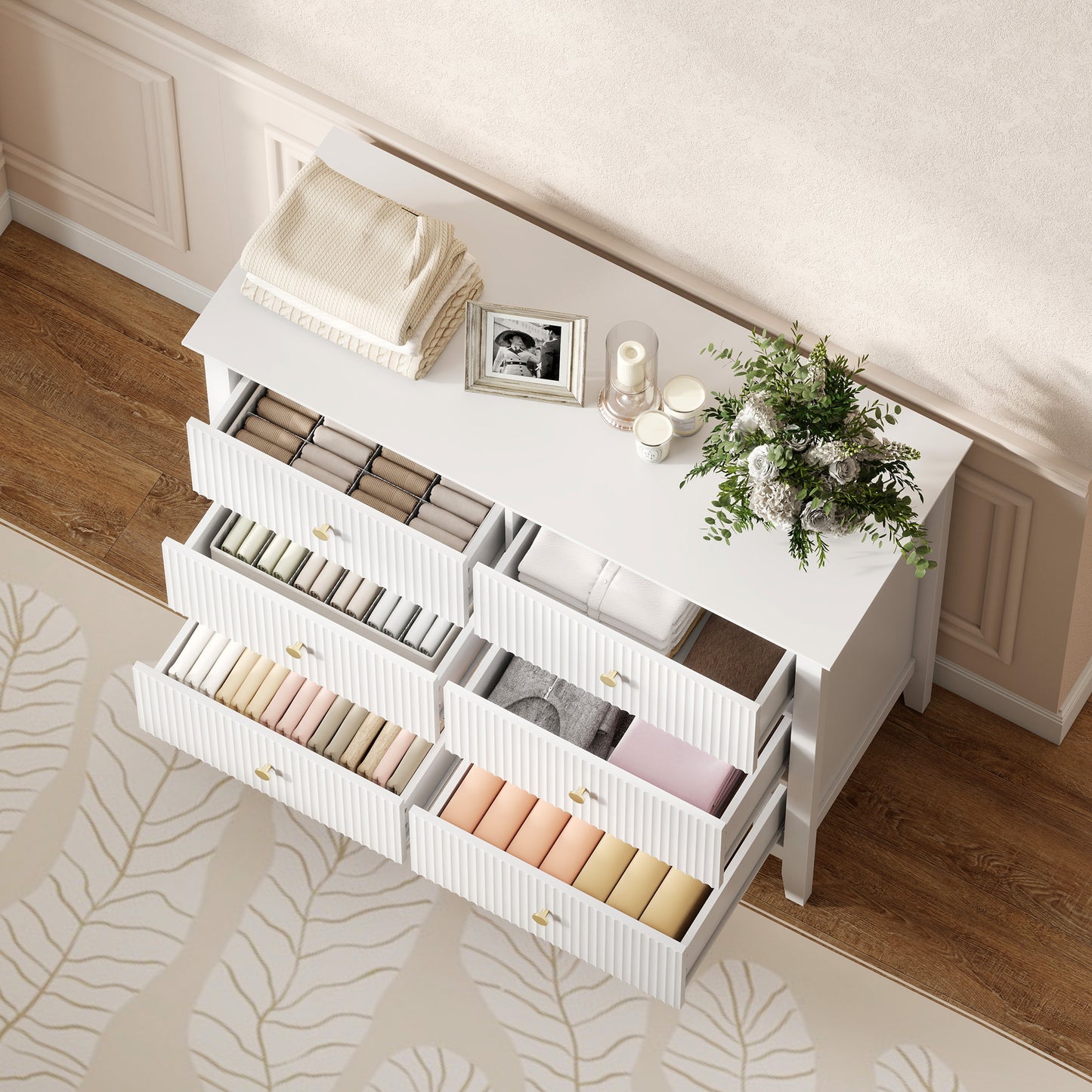 Fluted Chest of Drawers 6 Drawer Dresser for Bedroom Hallway White