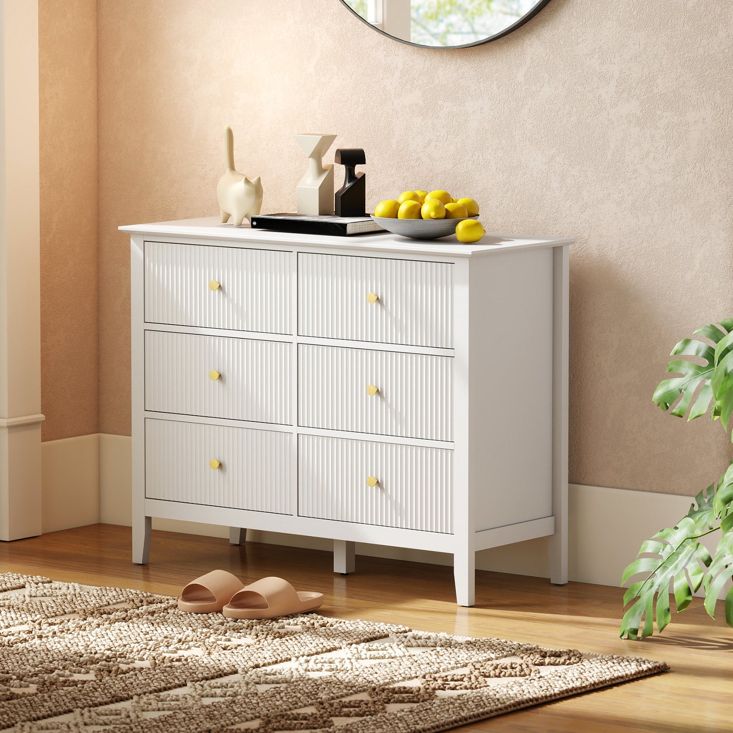Fluted Chest of Drawers 6 Drawer Dresser for Bedroom Hallway White