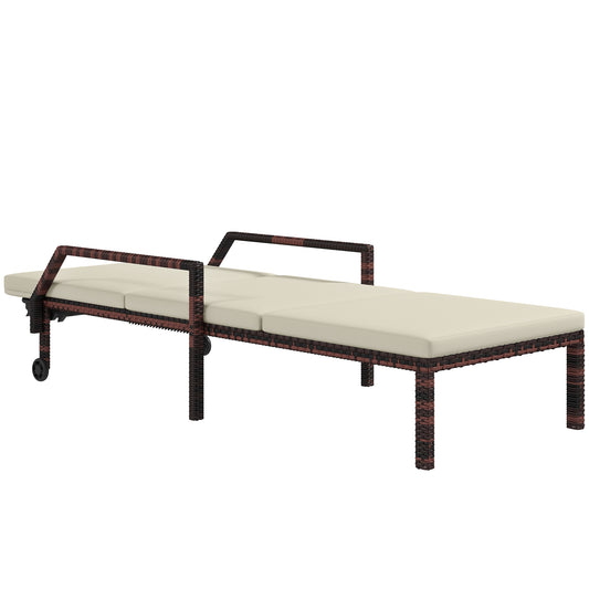 Outdoor Sun Lounger, Rattan Wicker Chaise Lounger with 5-Level Adjustable Backrest and 2 Wheels