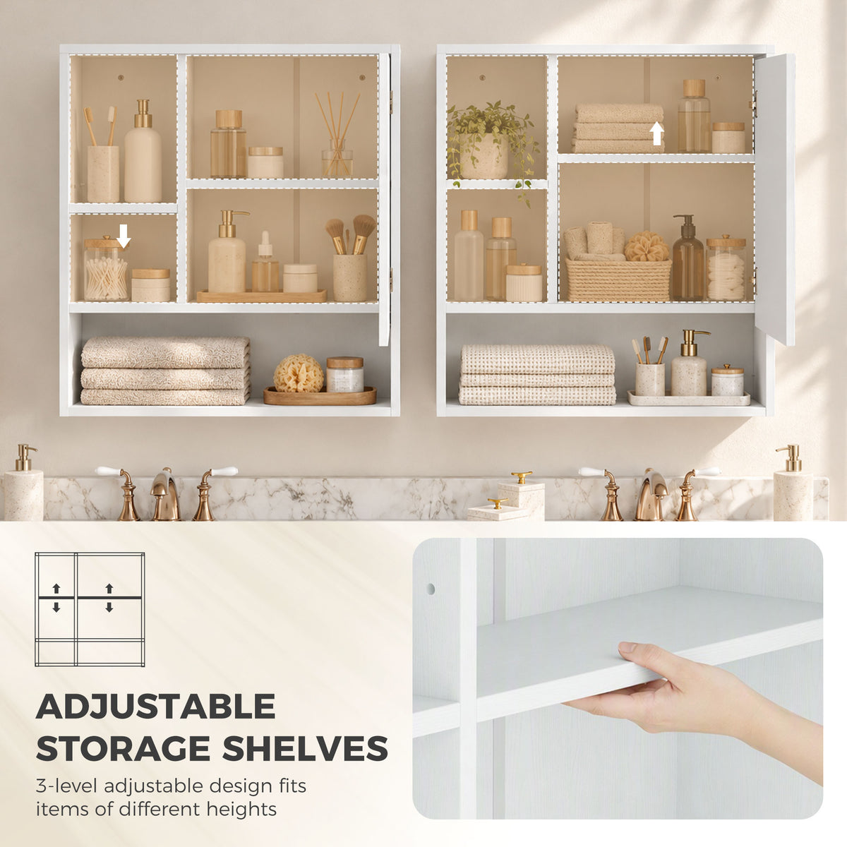 Wall-Mounted Bathroom Mirror Cabinet with Adjustable Shelves - White Wood Effect