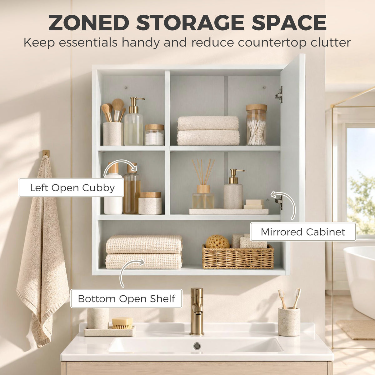 Wall-Mounted Bathroom Mirror Cabinet with Adjustable Shelves - White Wood Effect