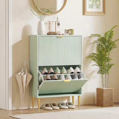 Narrow Shoe Cabinet with 2 Flip Drawers, Modern Slim Shoe Storage Cabinet with Fluted Doors and Adjustable Shelves for Hallway, Holds 6-12 Pairs, Light Green