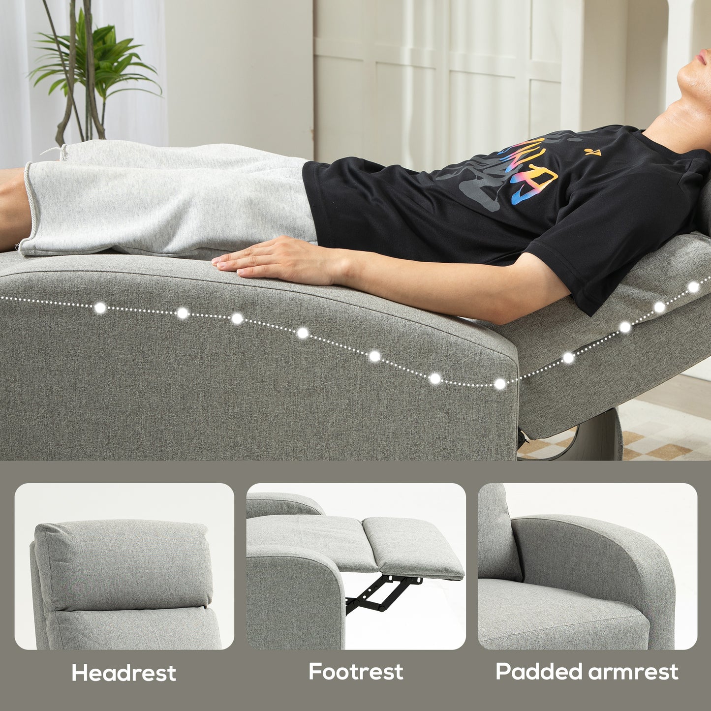 Linen Fabric Manual Reclining Chair with Padded Seat, Light Grey