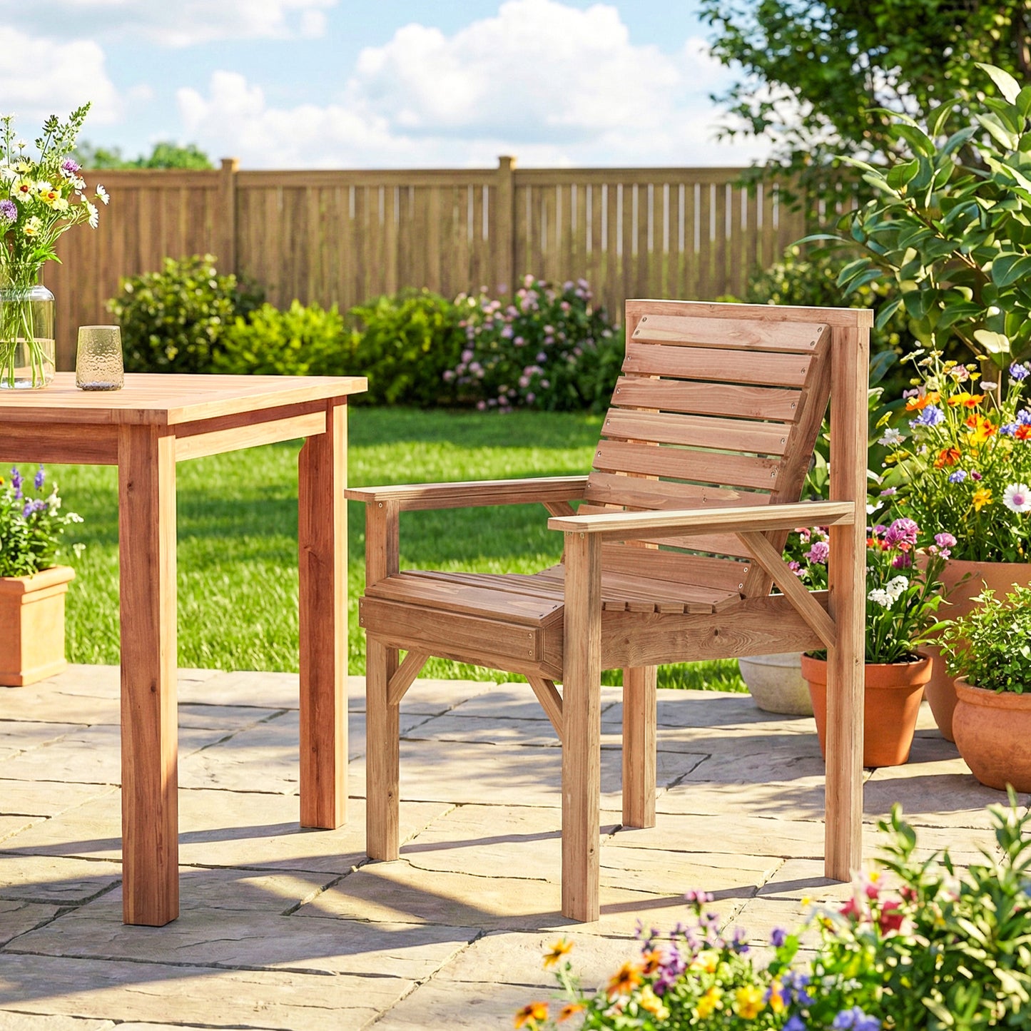 Wood Garden Chair Outdoor Dining Chair with Curved Seat, Natural