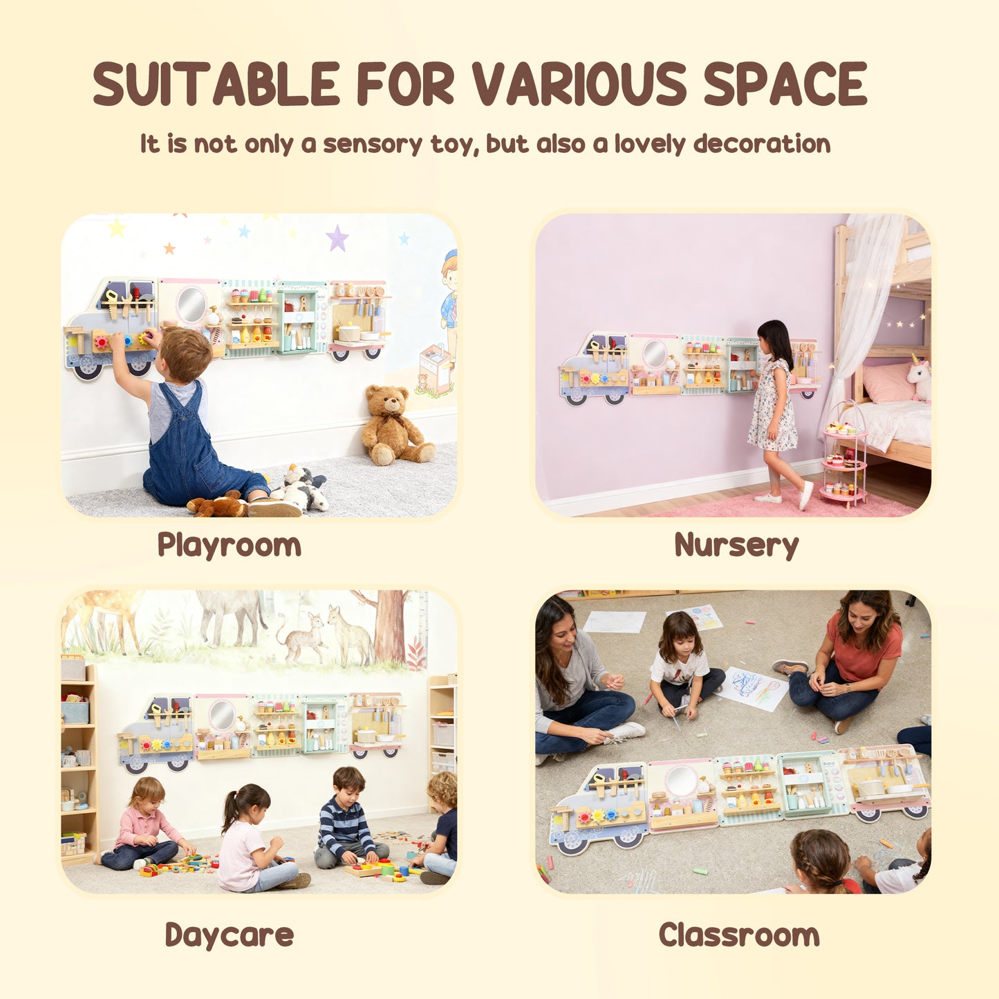 Wooden Busy Board, 5 in 1 Wall Panel Sensory Toy for Kids