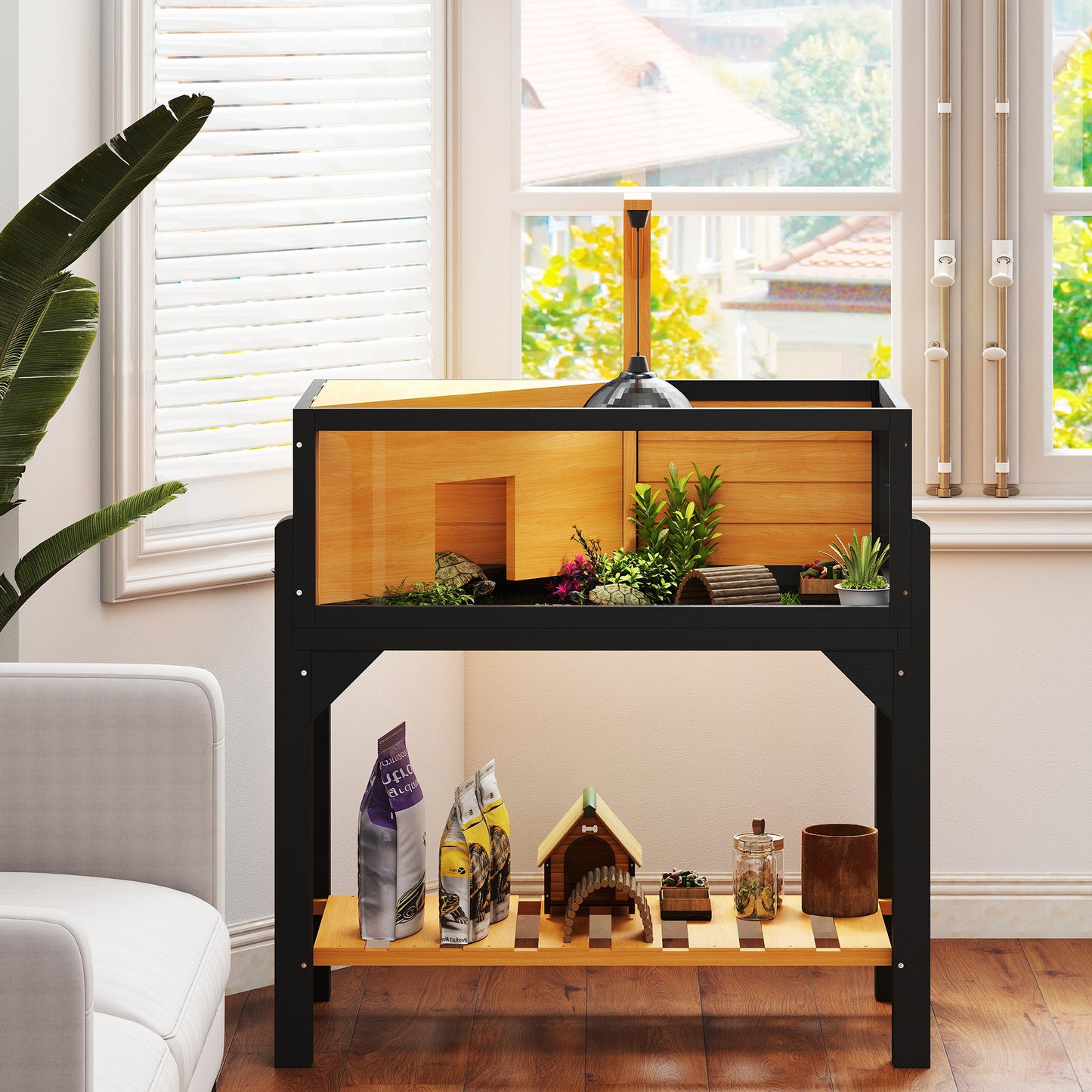 Wooden Tortoise House with Storage Shelf, Clear Observation Windows