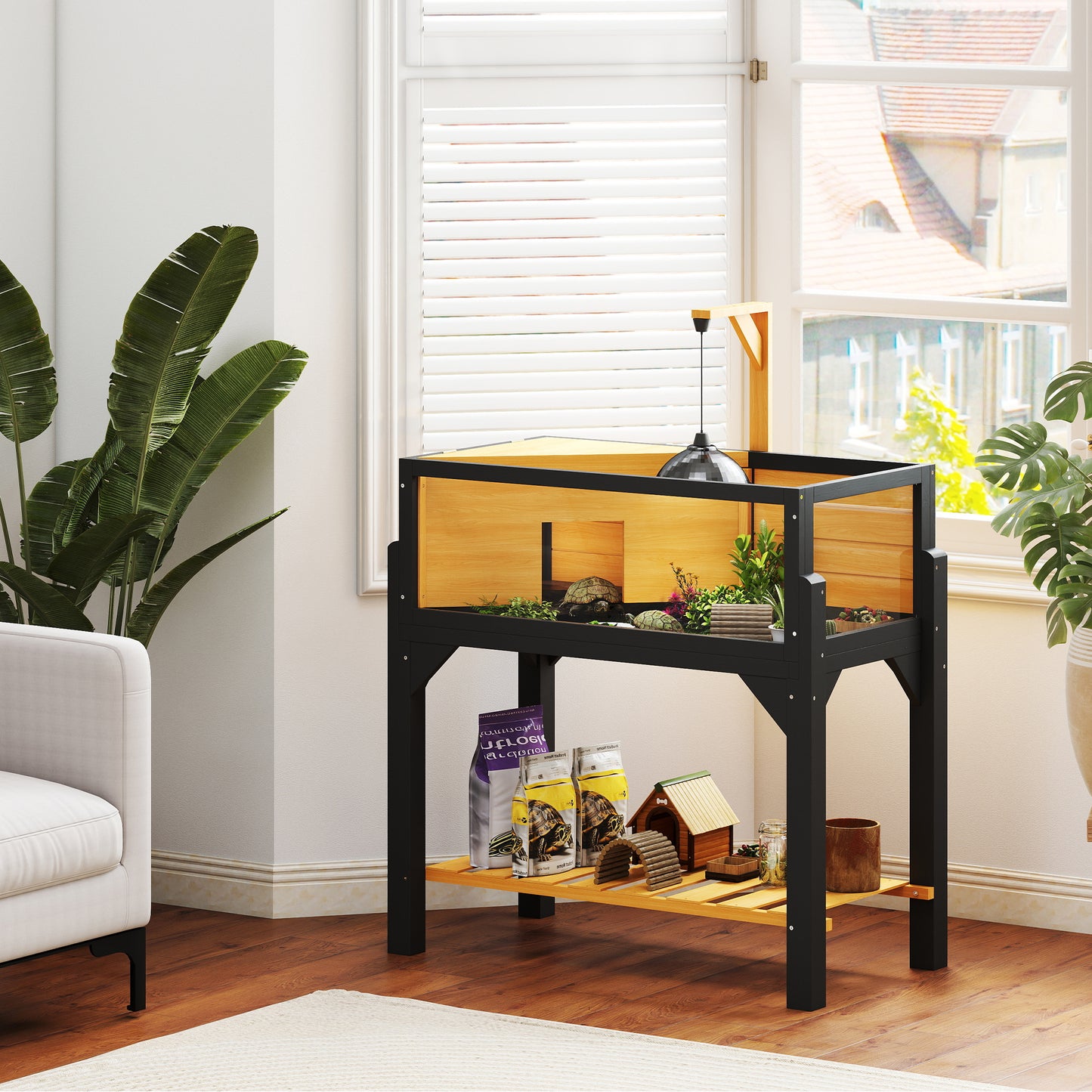 Wooden Tortoise House with Storage Shelf, Clear Observation Windows