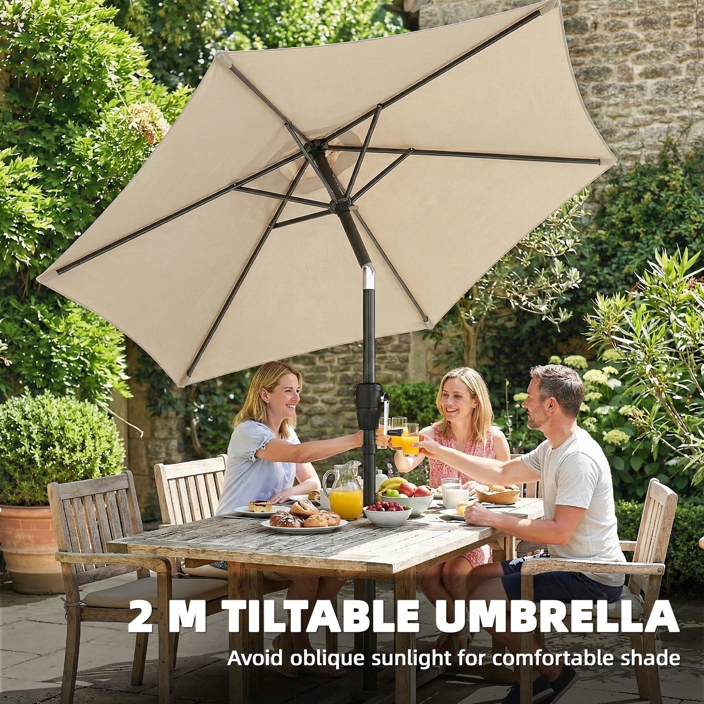 Garden Parasol, 2m Outdoor Table Parasol Umbrella with Tilt