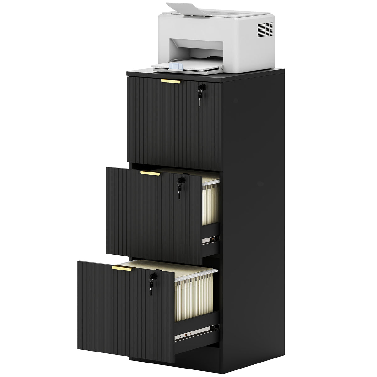 Filing Cabinet, File Cabinet with 3 Lockable Drawers and Hanging Rails