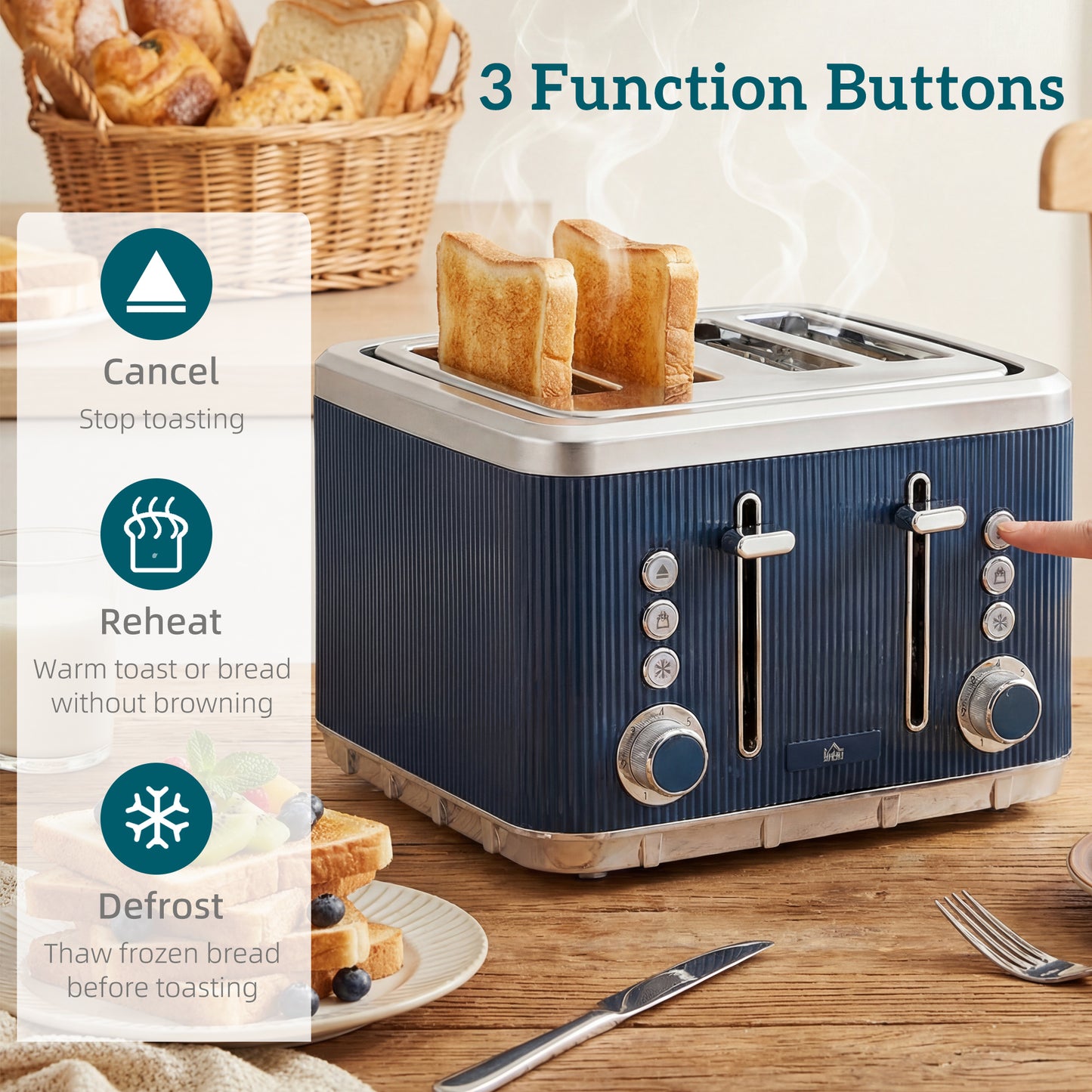 1.7L 3000W Rapid Boil Kettle and 4 Slice Toaster Set Dark Blue