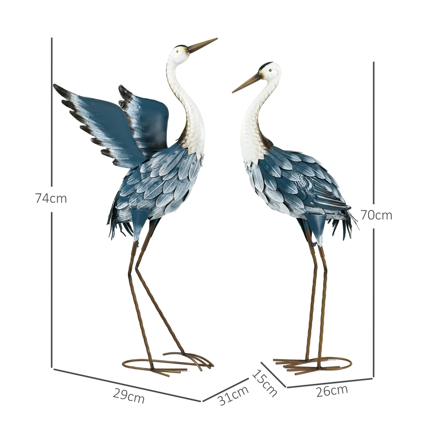 Heron Garden Statues, Metal Garden Gift with Stakes, Blue & White