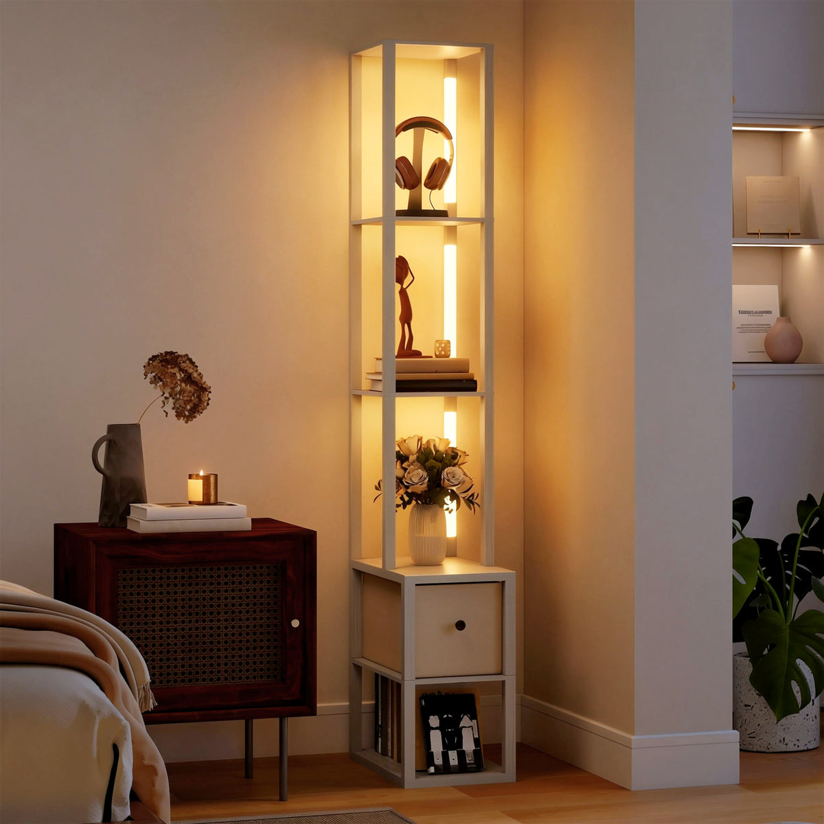 Floor Lamp with Shelves, LED Standing Lamp with Fabric Drawer, Oak