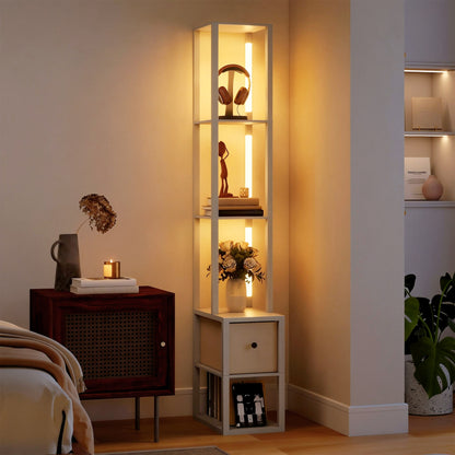 Floor Lamp with Shelves, LED Standing Lamp with Fabric Drawer, Oak