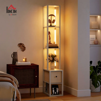 Floor Lamp with Shelves, LED Standing Lamp with Fabric Drawer, Oak