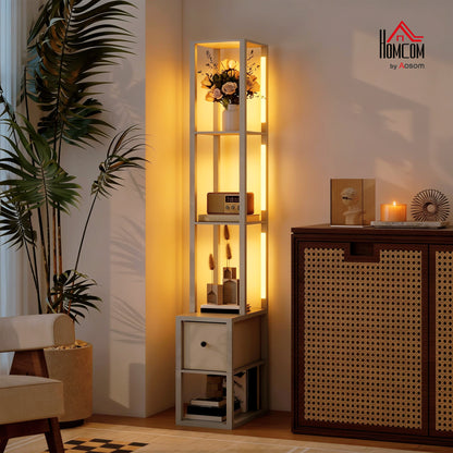 Floor Lamp with Shelves, LED Standing Lamp with Fabric Drawer, Oak