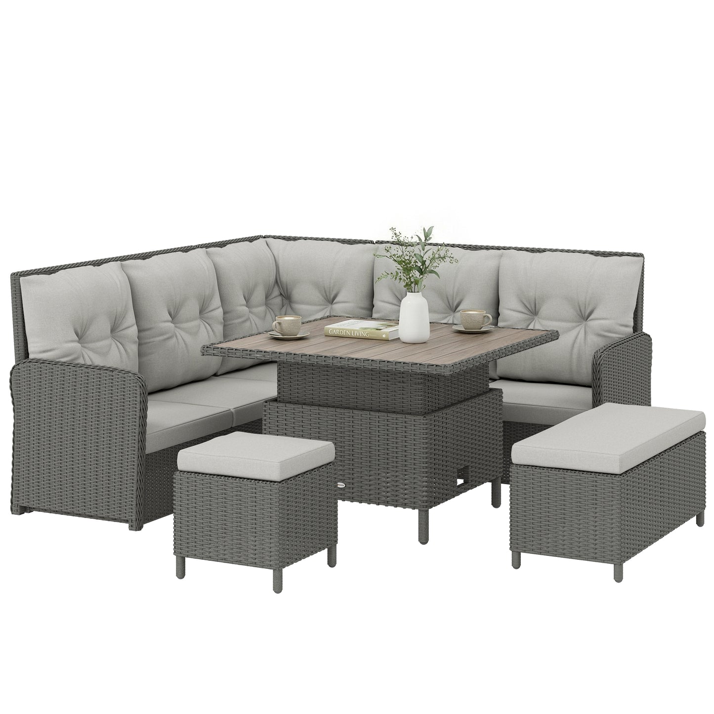 6 PCs Rattan Garden Furniture Sectional Corner Sofa, Dark Grey